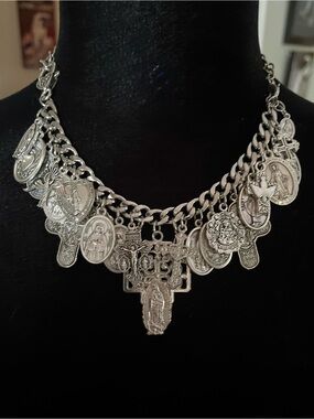 Catholic Latin Saints Chunky Charm Bracelet: Silver Tone Medals
